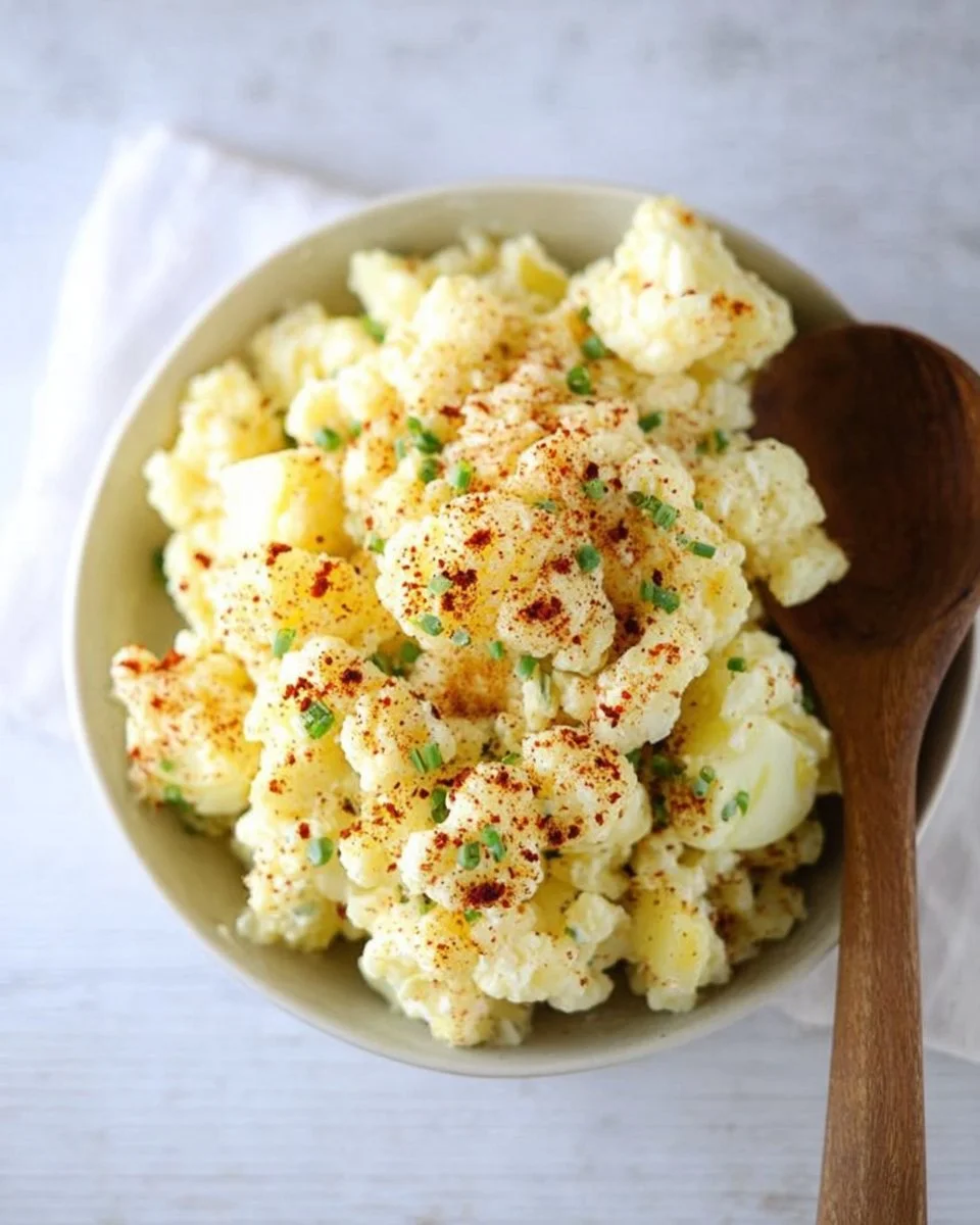 A vibrant bowl of Cauliflower Potato Salad garnished with herbs