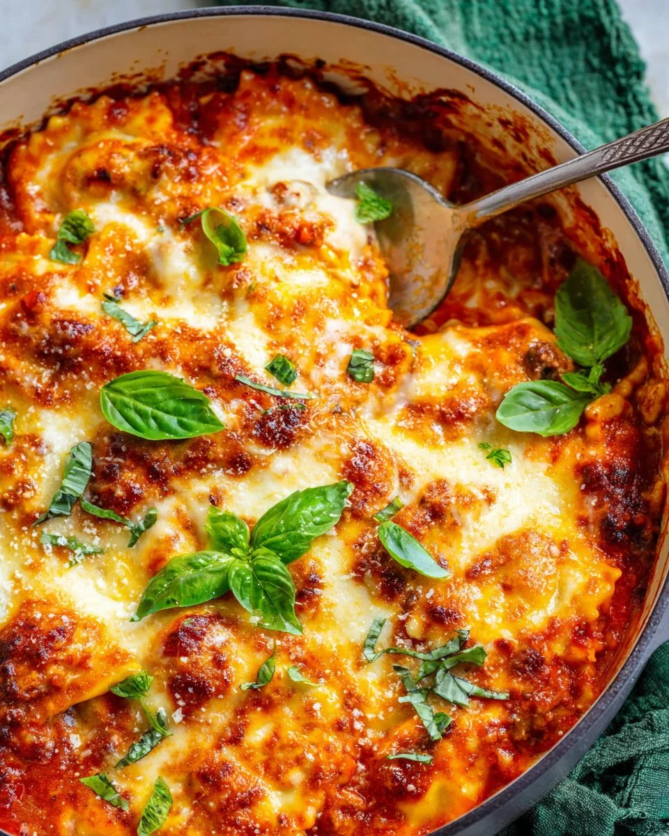 Cheesy beef ravioli served on a plate with sauce and garnish.