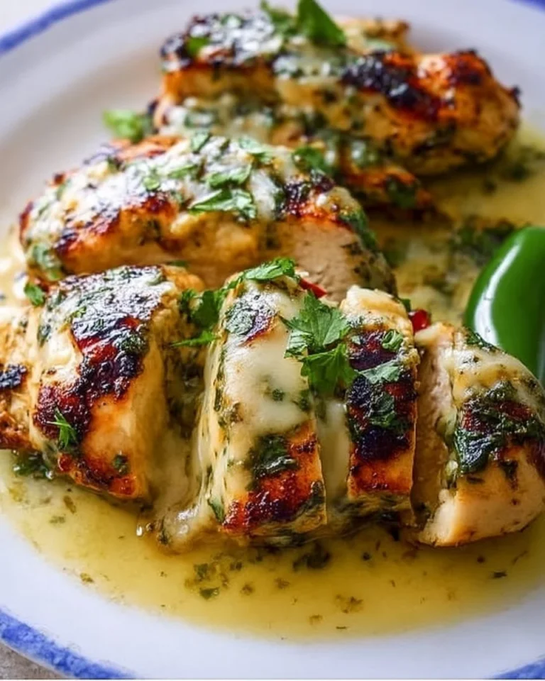Cheesy grilled salsa verde chicken topped with pepper jack cheese and herbs.