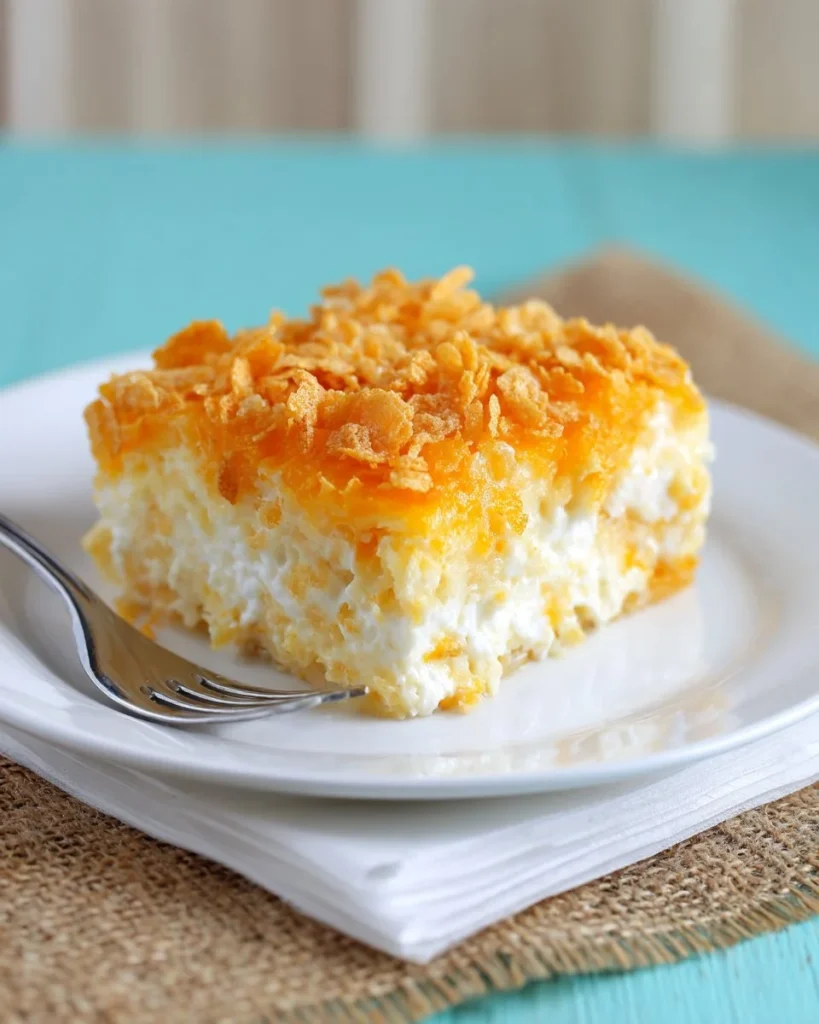 Cheesy hashbrown casserole served in a baking dish, topped with melted cheese