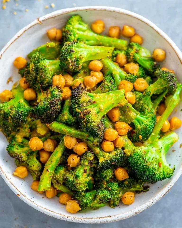 Delicious cheesy roasted broccoli and chickpeas dish garnished with herbs.