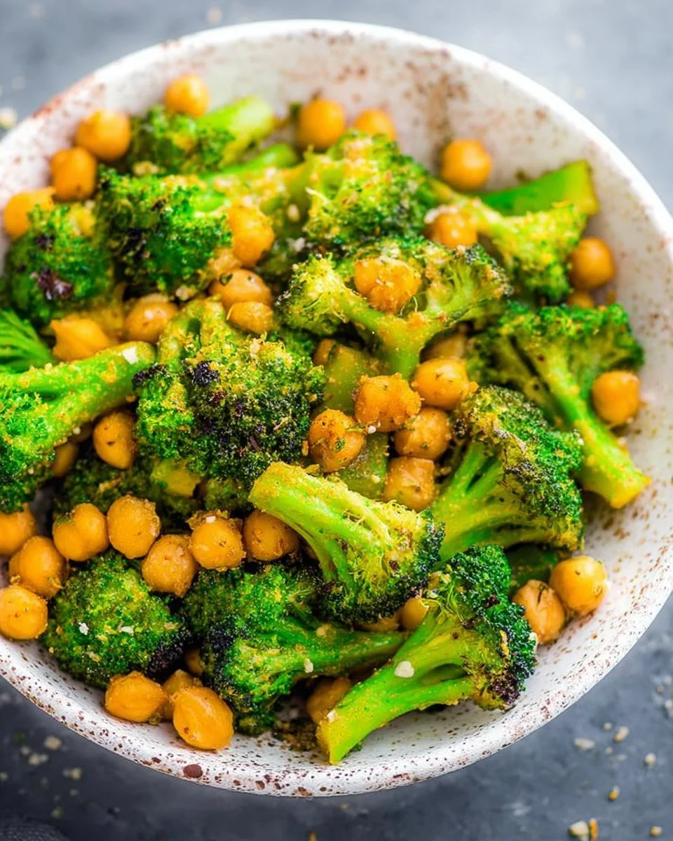 Cheesy roasted broccoli and chickpeas served in a bowl, garnished with herbs.