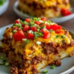 Cheesy Taco Potatoes Bake with Ground Beef served in a baking dish