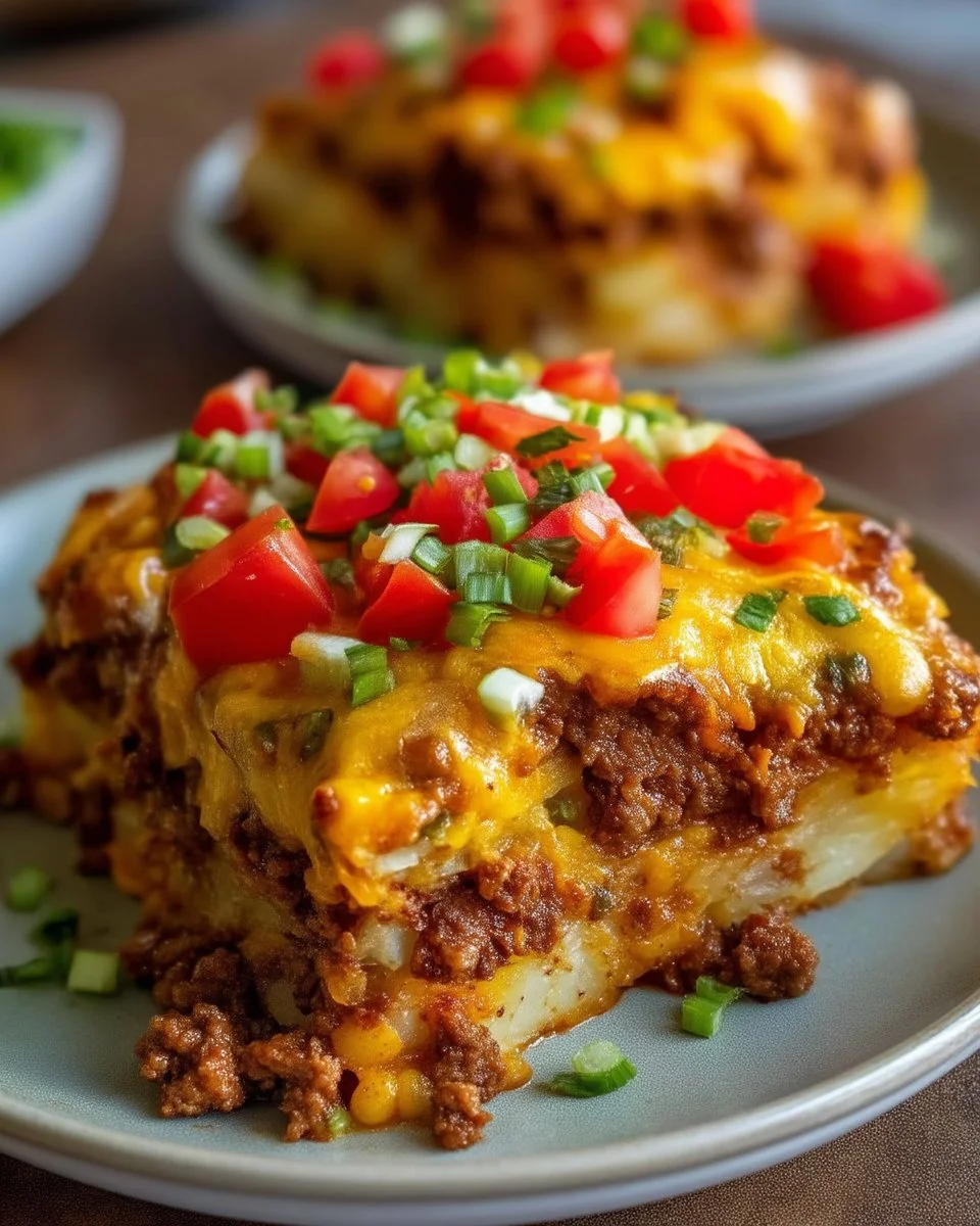 Cheesy Taco Potatoes Bake with Ground Beef served in a baking dish