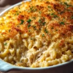 Baked cheesy tuna casserole topped with breadcrumbs and cheese