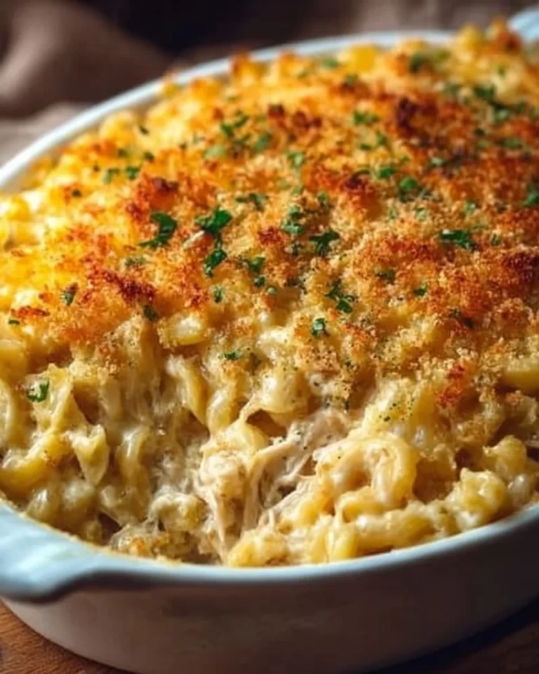 Baked cheesy tuna casserole topped with breadcrumbs and cheese