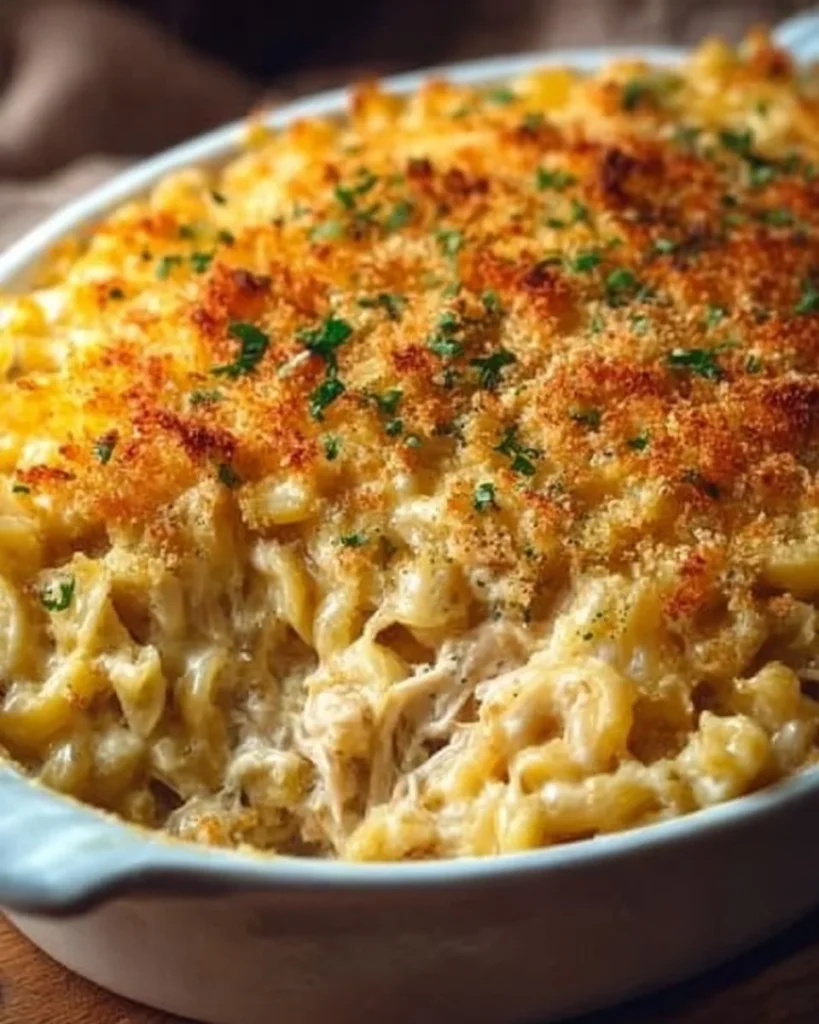 Baked cheesy tuna casserole topped with breadcrumbs and cheese