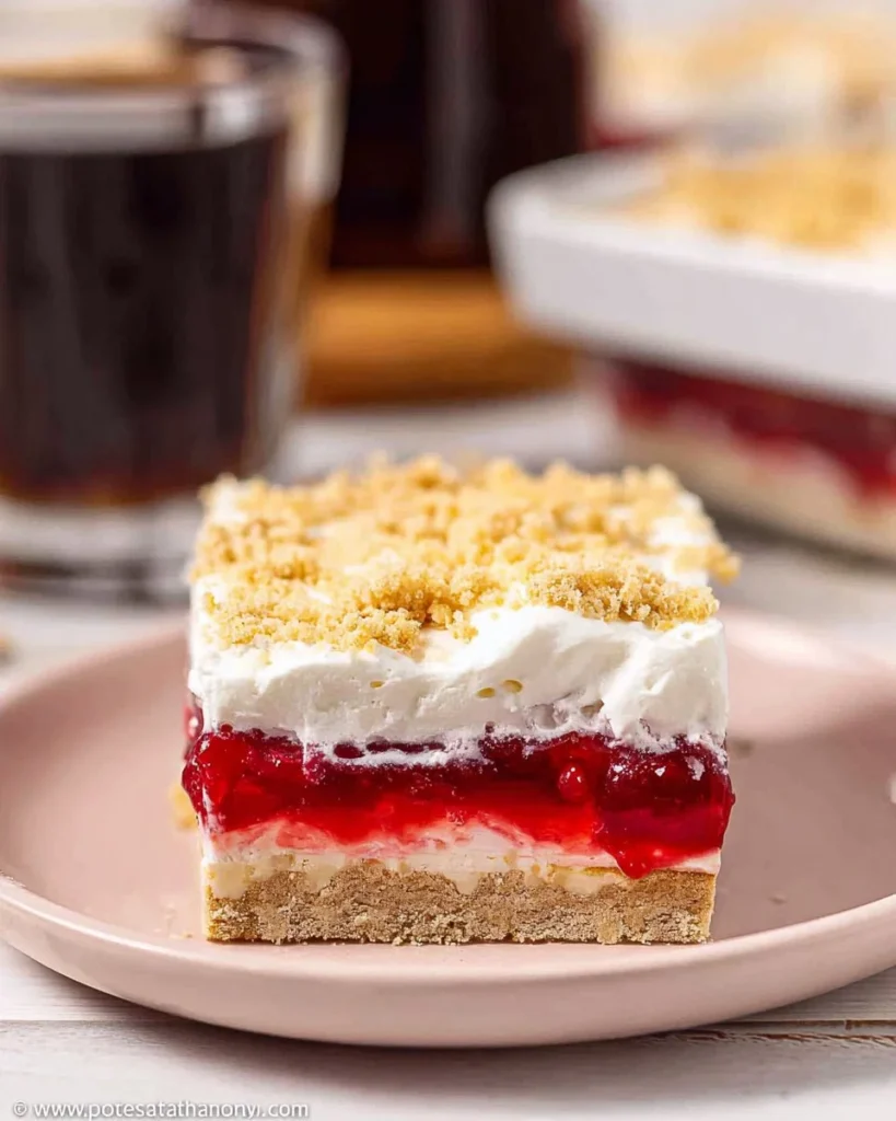 Cherry Yum Yum dessert with layers of cherries, cream, and crust