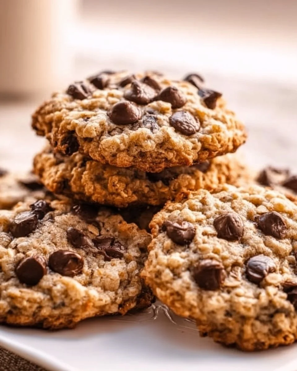Delicious chewy oatmeal chocolate chip cookies on a plate