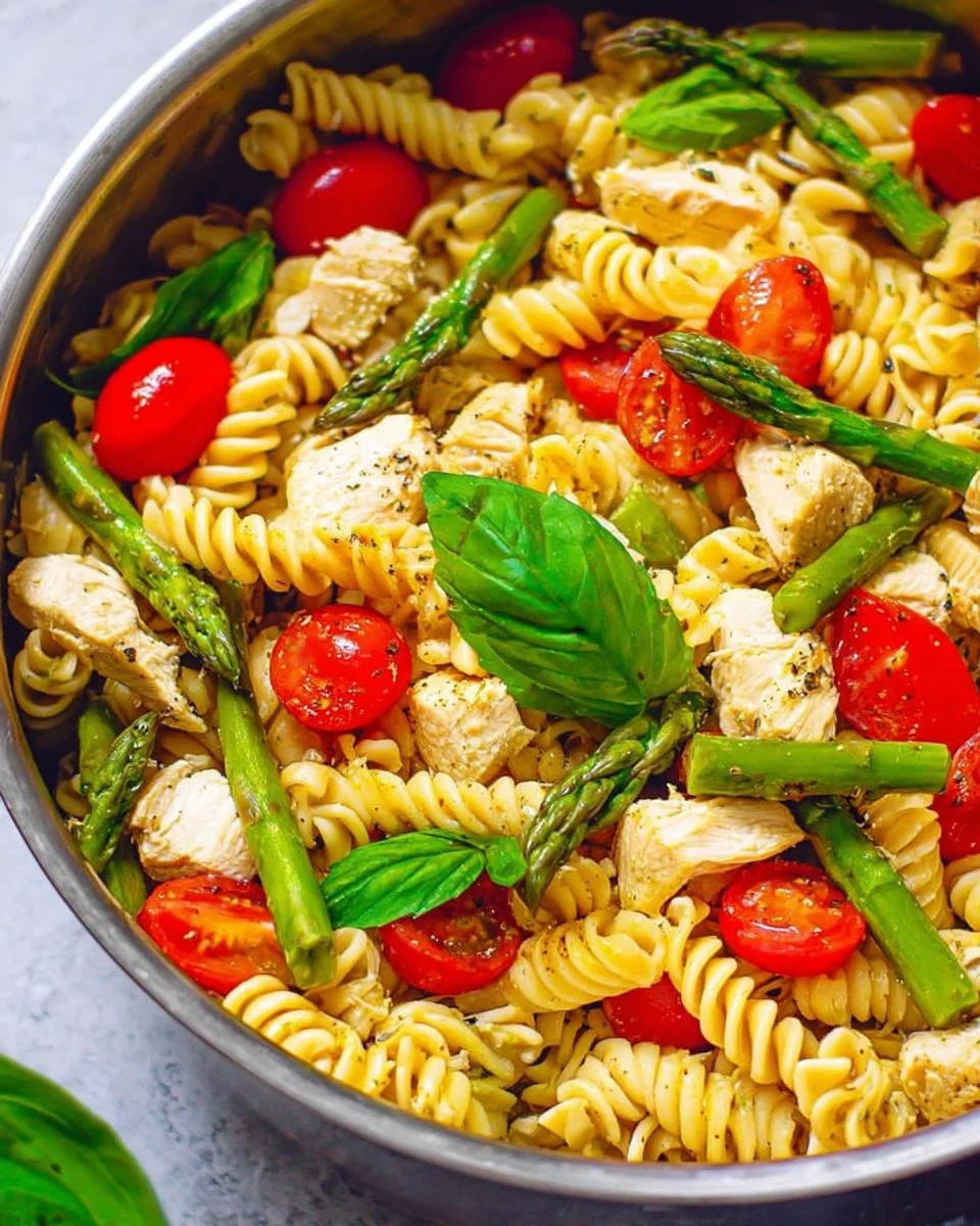 Chicken and Pasta dish with Asparagus and Tomatoes on a plate