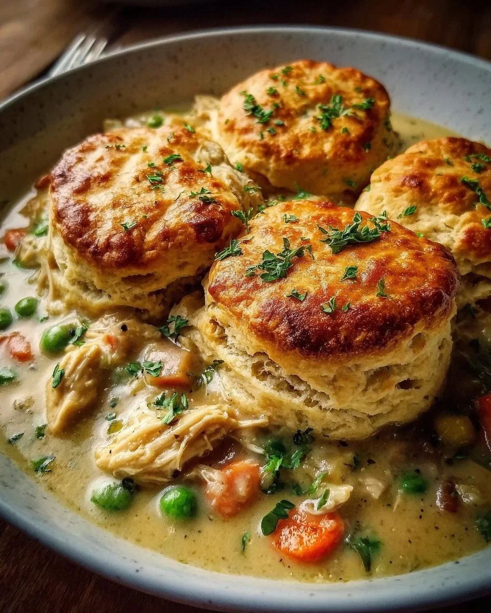 Delicious Chicken Cobbler with fluffy biscuits served in a bowl
