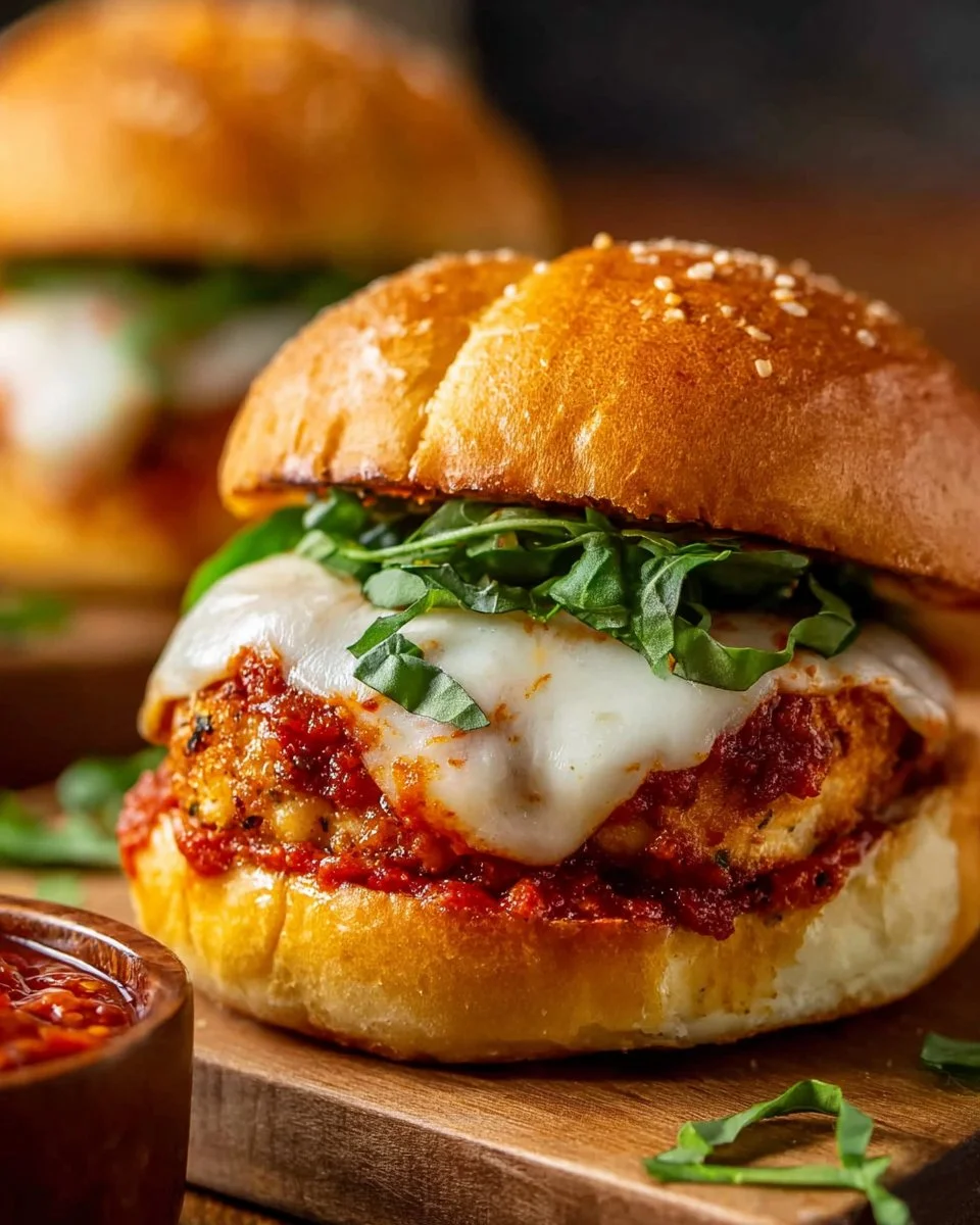 Juicy Chicken Parmesan Burgers topped with marinara sauce and melted cheese.