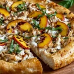 Chicken peach ricotta pizza topped with grilled chicken, fresh peaches, and creamy cheese