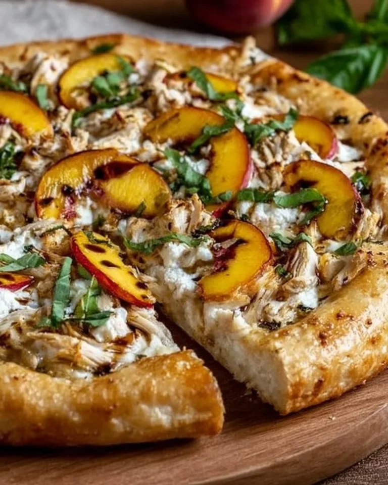 Chicken peach ricotta pizza topped with grilled chicken, fresh peaches, and creamy cheese