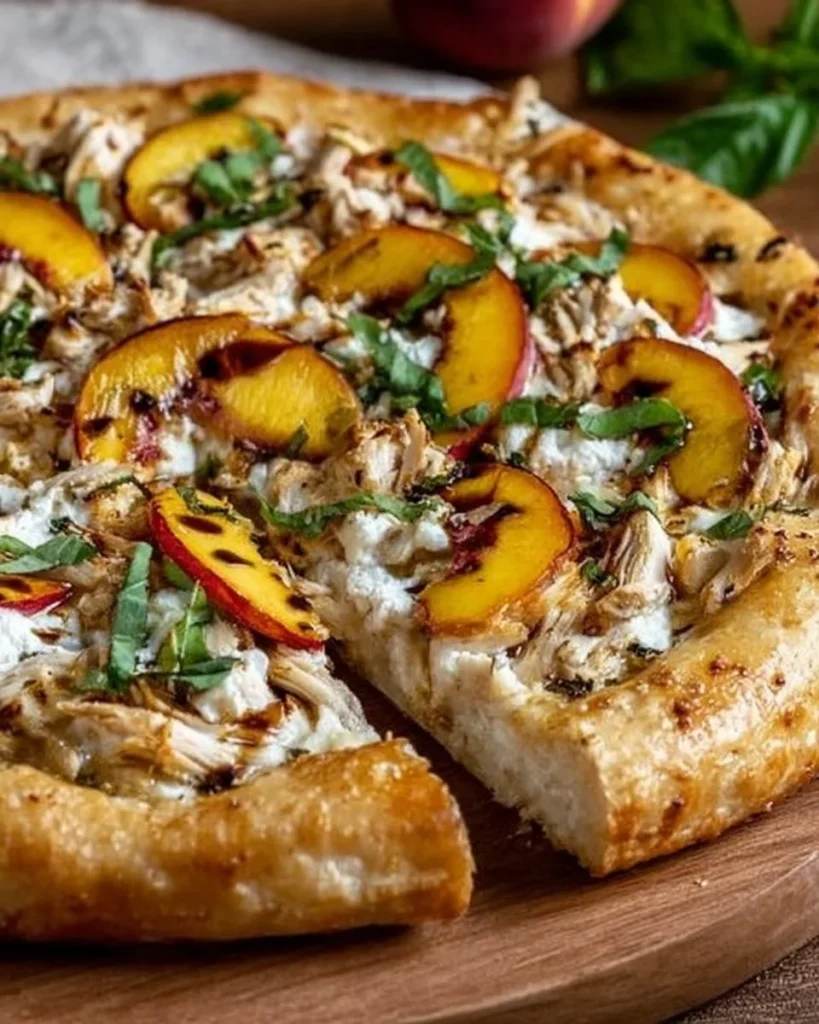 Chicken peach ricotta pizza topped with grilled chicken, fresh peaches, and creamy cheese