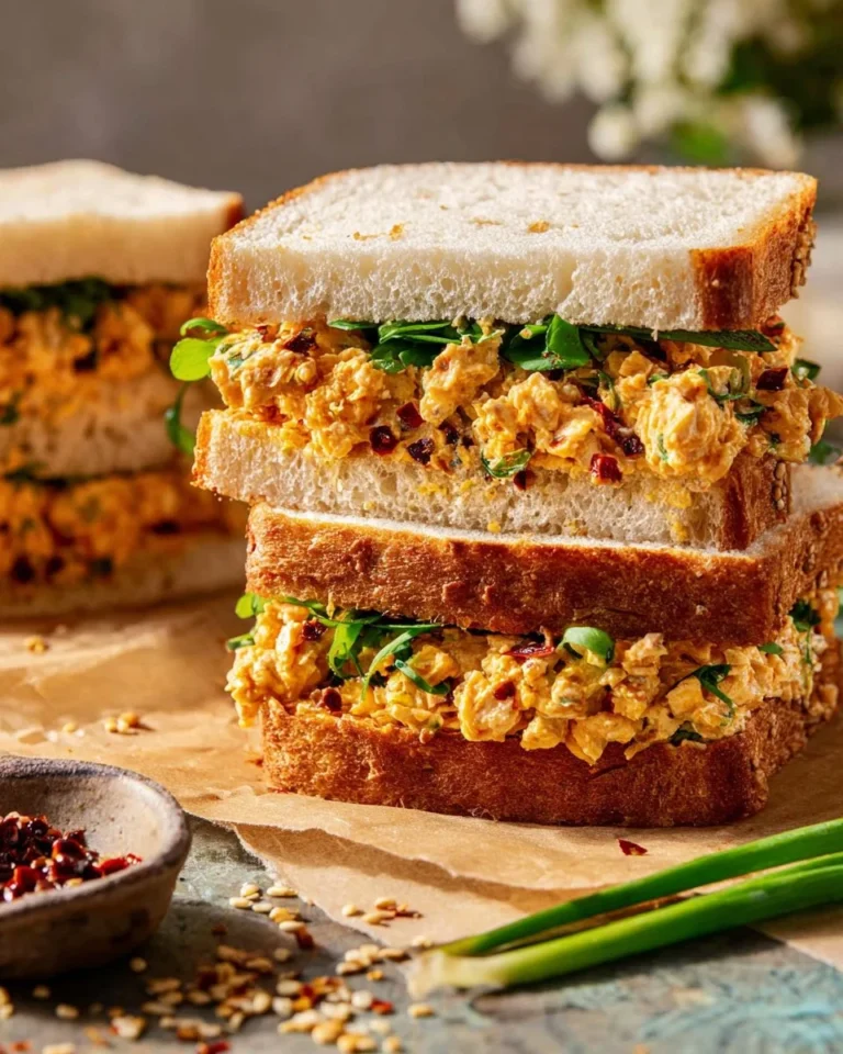 Chicken Salad Sandwich topped with Chili Crisp for an added spicy kick