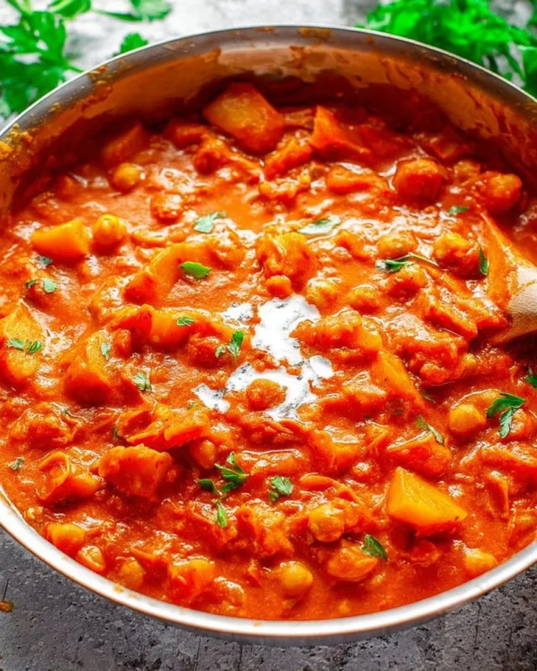 A bowl of chickpea and potato curry garnished with fresh herbs.