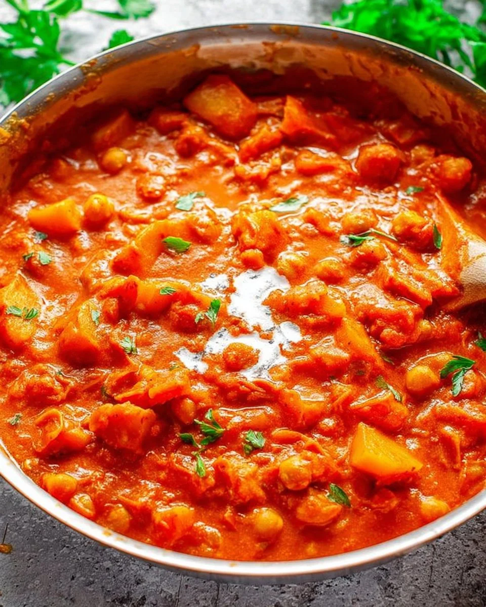 A bowl of chickpea and potato curry garnished with fresh herbs.