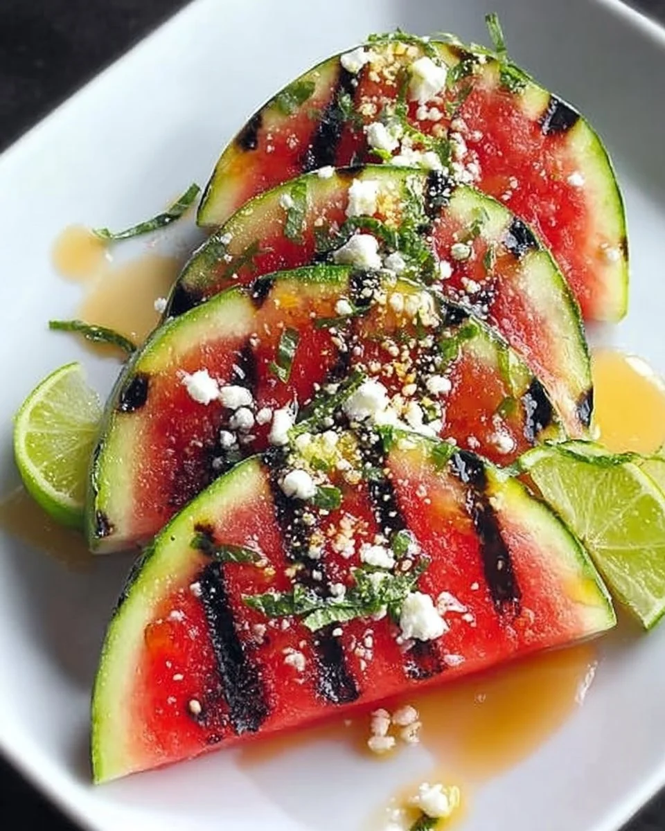 Slices of Chile-Lime Grilled Watermelon on a barbecue grill