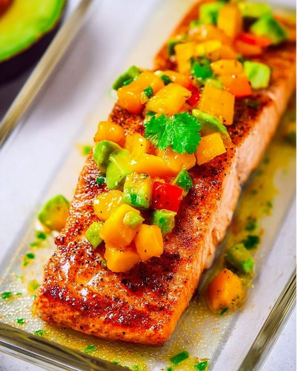 Plate of Chile Lime Salmon topped with fresh mango avocado salsa