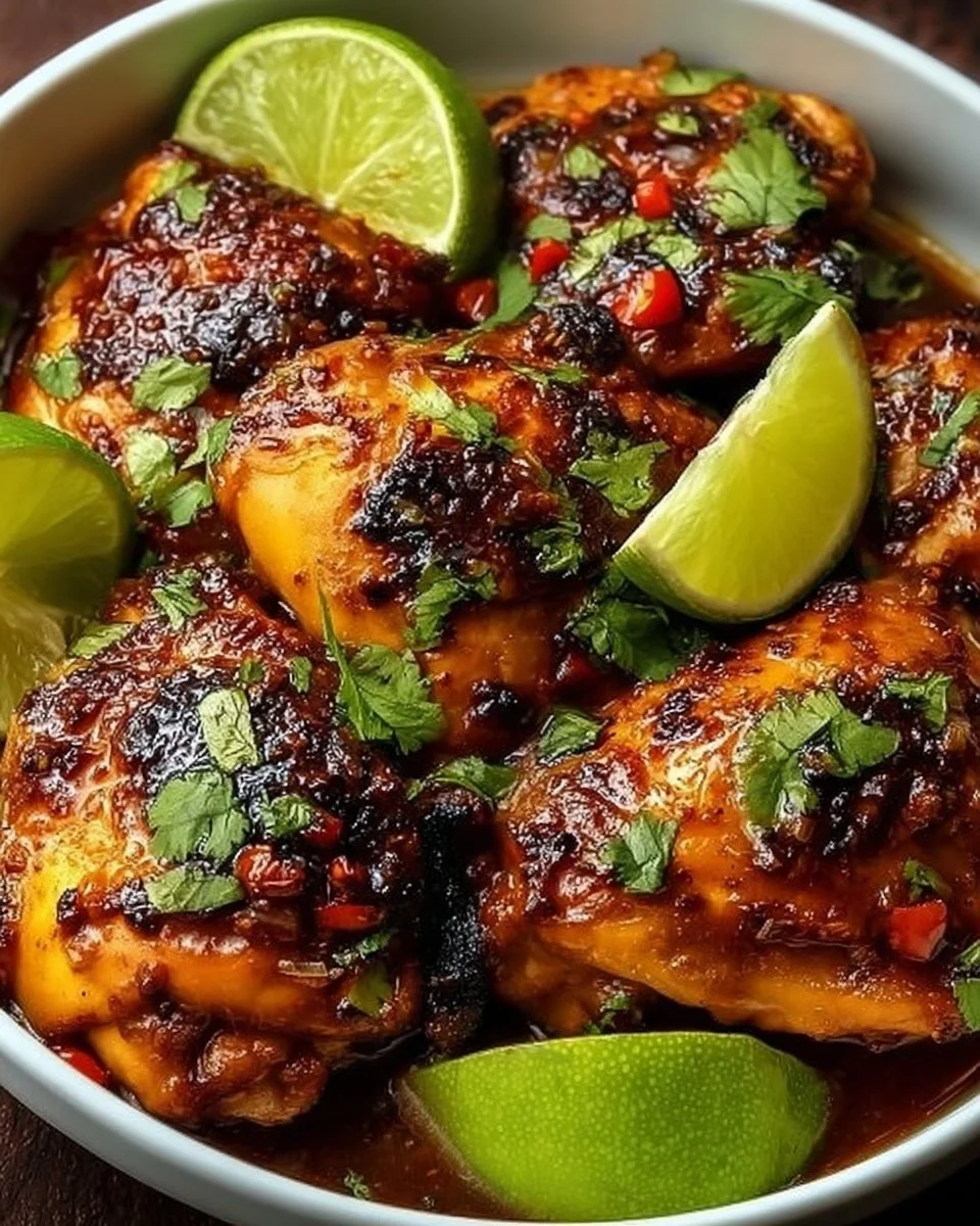 Plate of grilled Chili Lime Chicken garnished with lime and cilantro