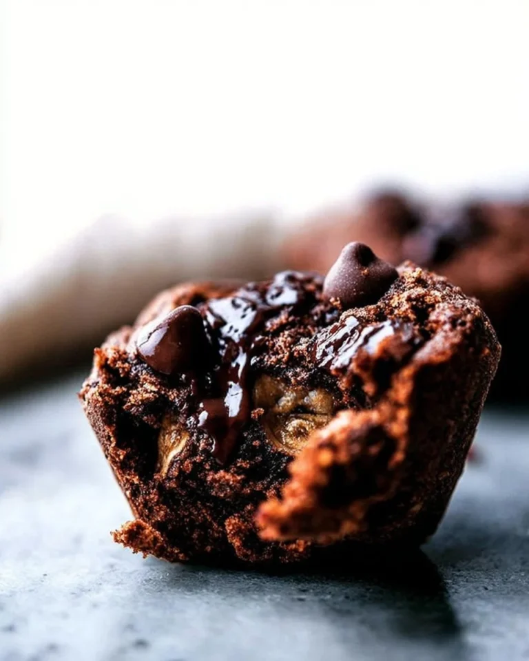 Delicious chocolate banana muffins on a wooden table