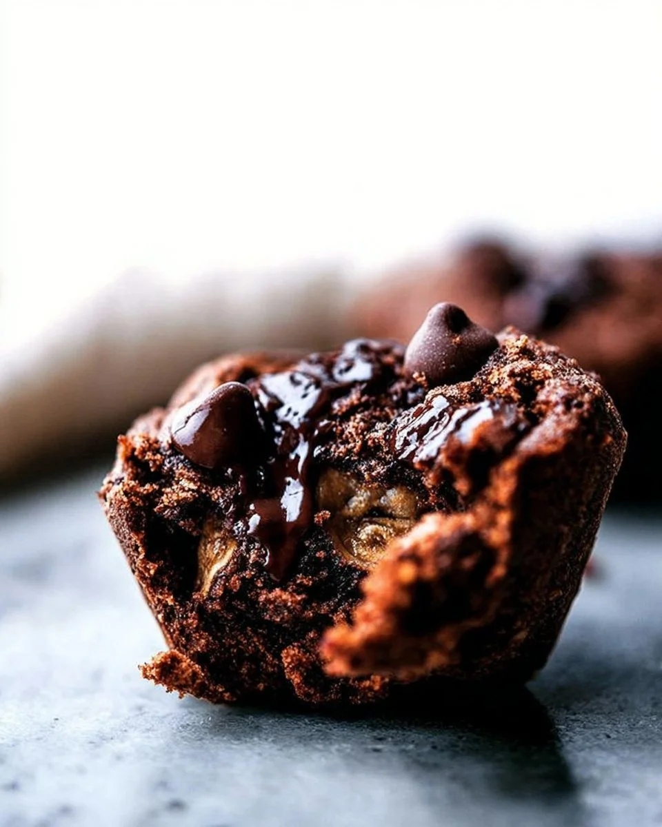 Delicious chocolate banana muffins on a wooden table