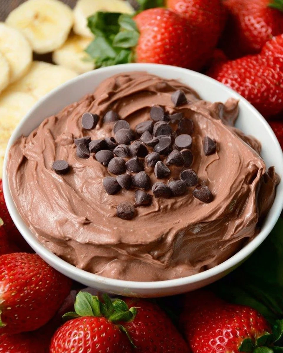 Delicious Chocolate Cake Fruit Dip served with fresh fruits for dipping.