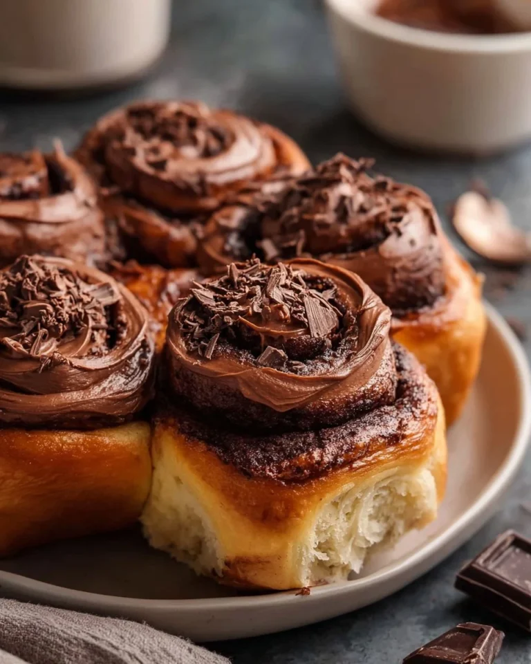 Freshly baked chocolate cinnamon rolls topped with chocolate glaze.