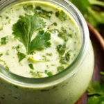 Cilantro cream sauce served in a bowl with fresh cilantro garnish