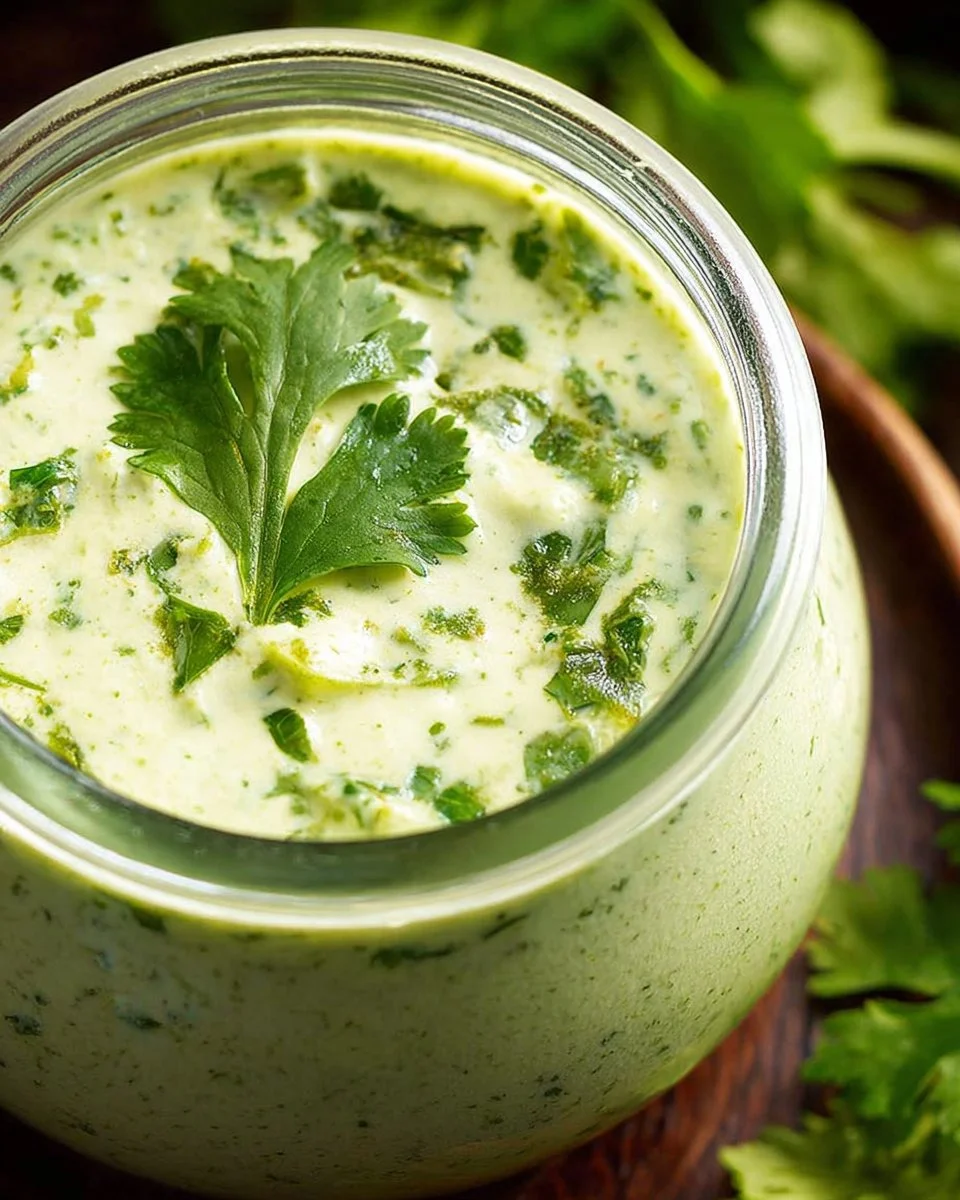 Cilantro cream sauce served in a bowl with fresh cilantro garnish