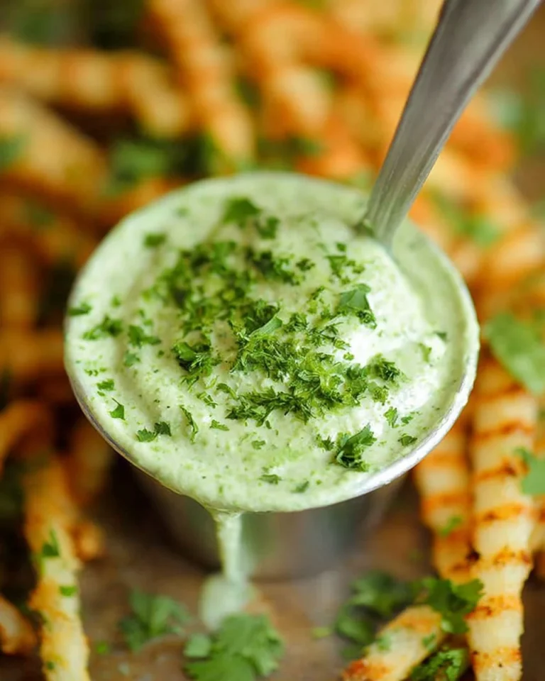 Cilantro jalapeño sauce in a bowl with fresh herbs and jalapeños