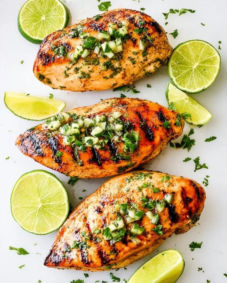 Plate of cilantro lime chicken garnished with fresh cilantro and lime wedges.