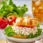 Classic chicken salad served in a bowl with fresh vegetables