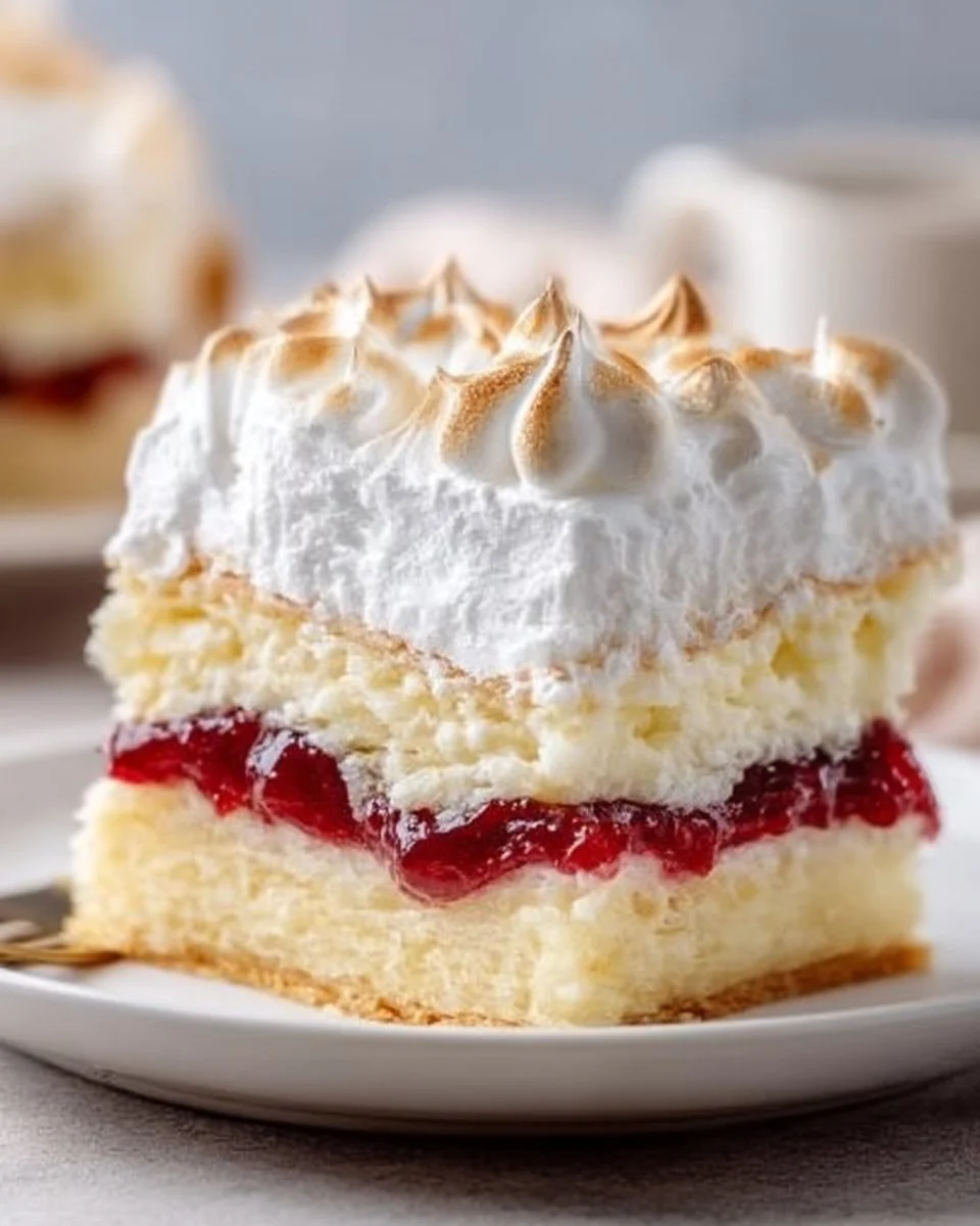 Classic New Zealand Louise Cake with layers of coconut and jam.