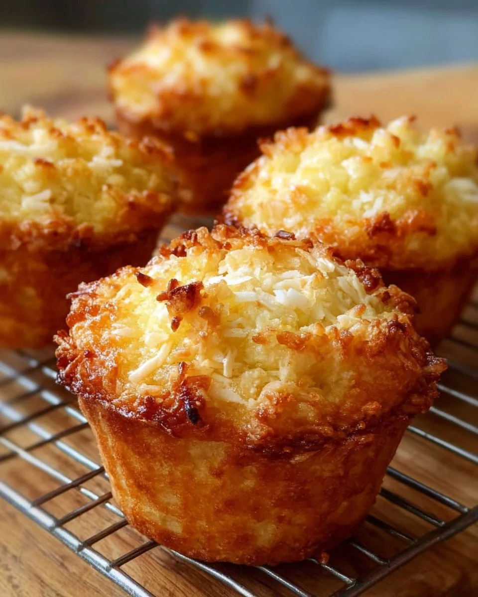 Coconut and Pineapple Cottage Cheese Muffins on a rustic wooden table.
