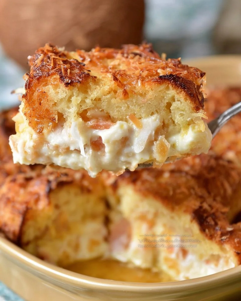 Delicious Coconut Cheesecake Bread Pudding served in a dish