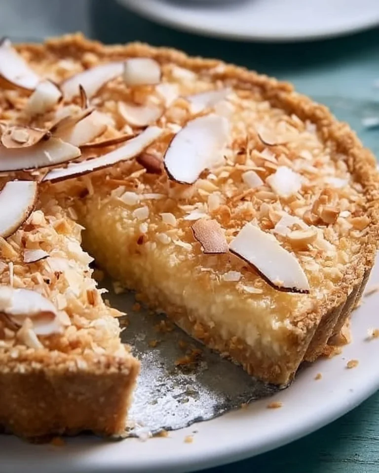 Delicious Coconut Macadamia Nut Tart with a golden crust and topped with nuts.