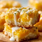 Coconut mango bars topped with lime glaze on a white plate