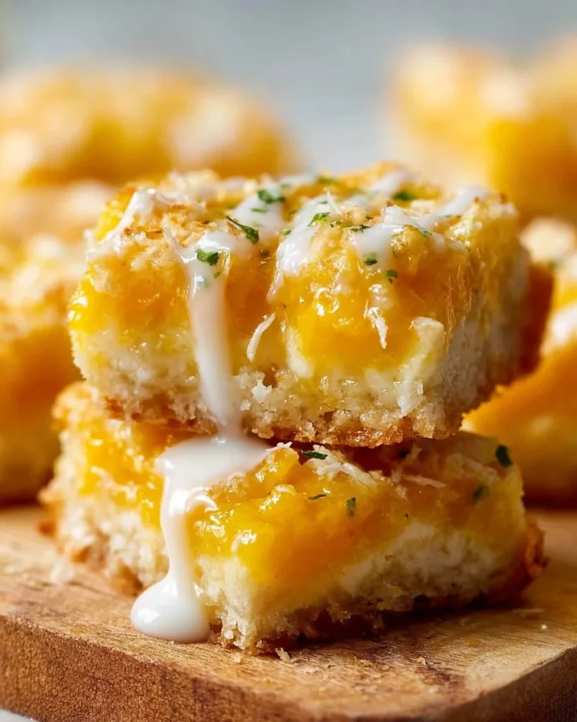 Coconut mango bars topped with lime glaze on a white plate