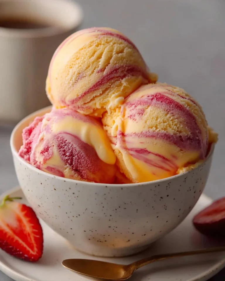 Delicious homemade Coconut Mango Strawberry Sorbet served in a bowl