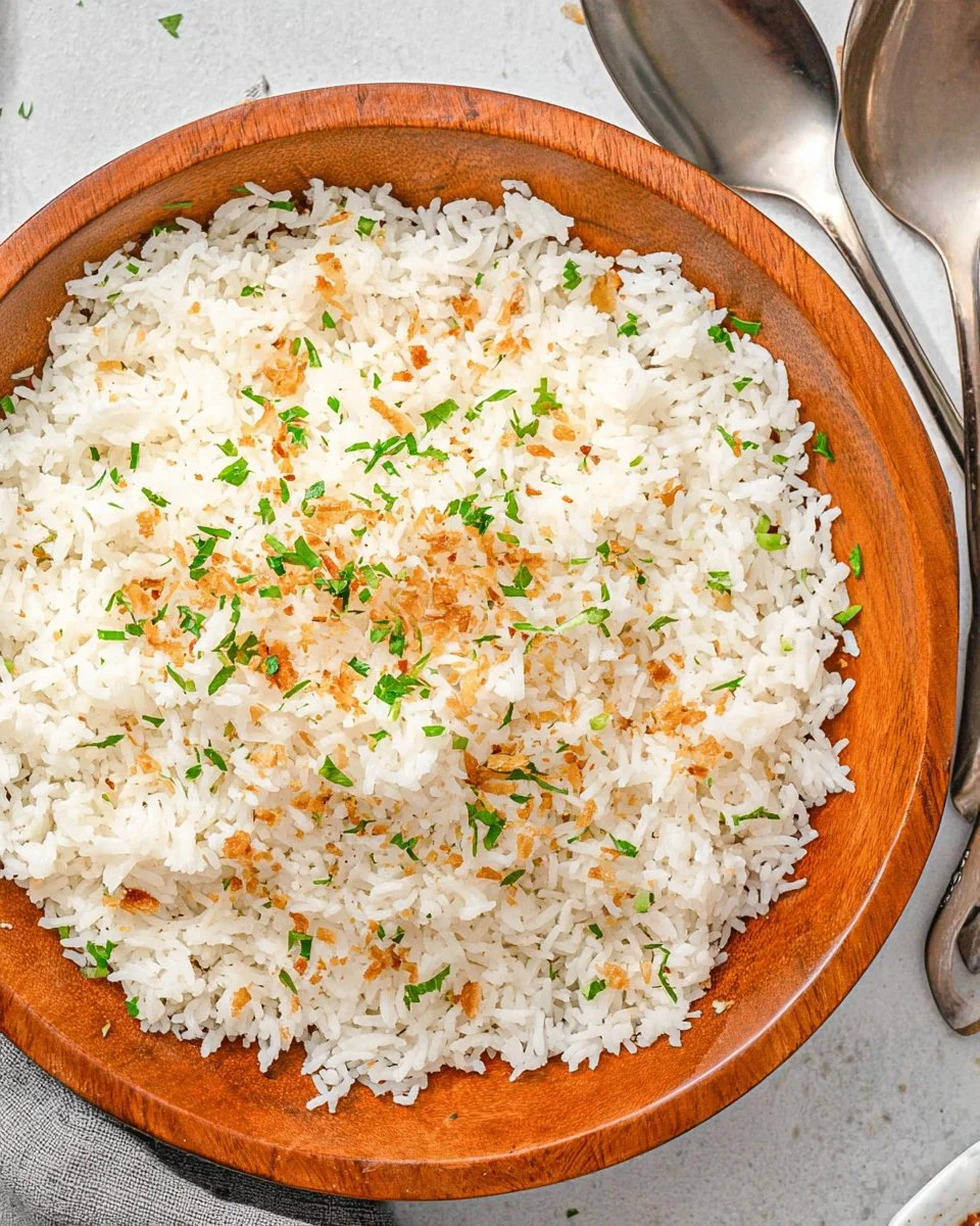 A bowl of delicious coconut rice garnished with herbs