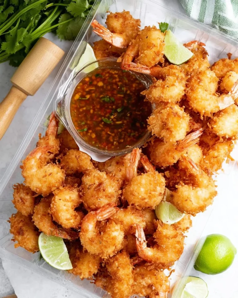 Delicious coconut shrimp served with sweet chili sauce on a plate