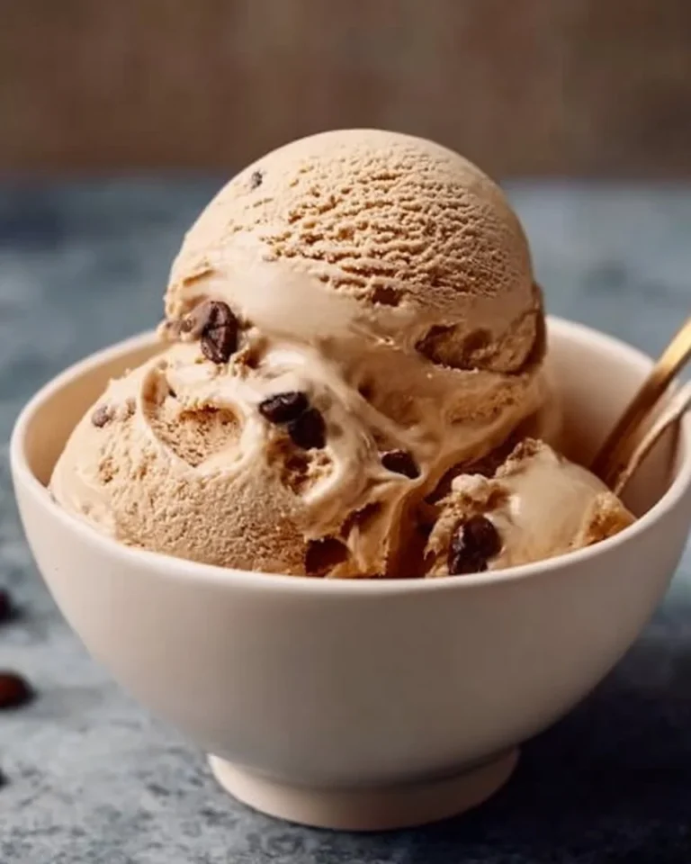 Delicious homemade coffee ice cream in a bowl topped with chocolate sauce