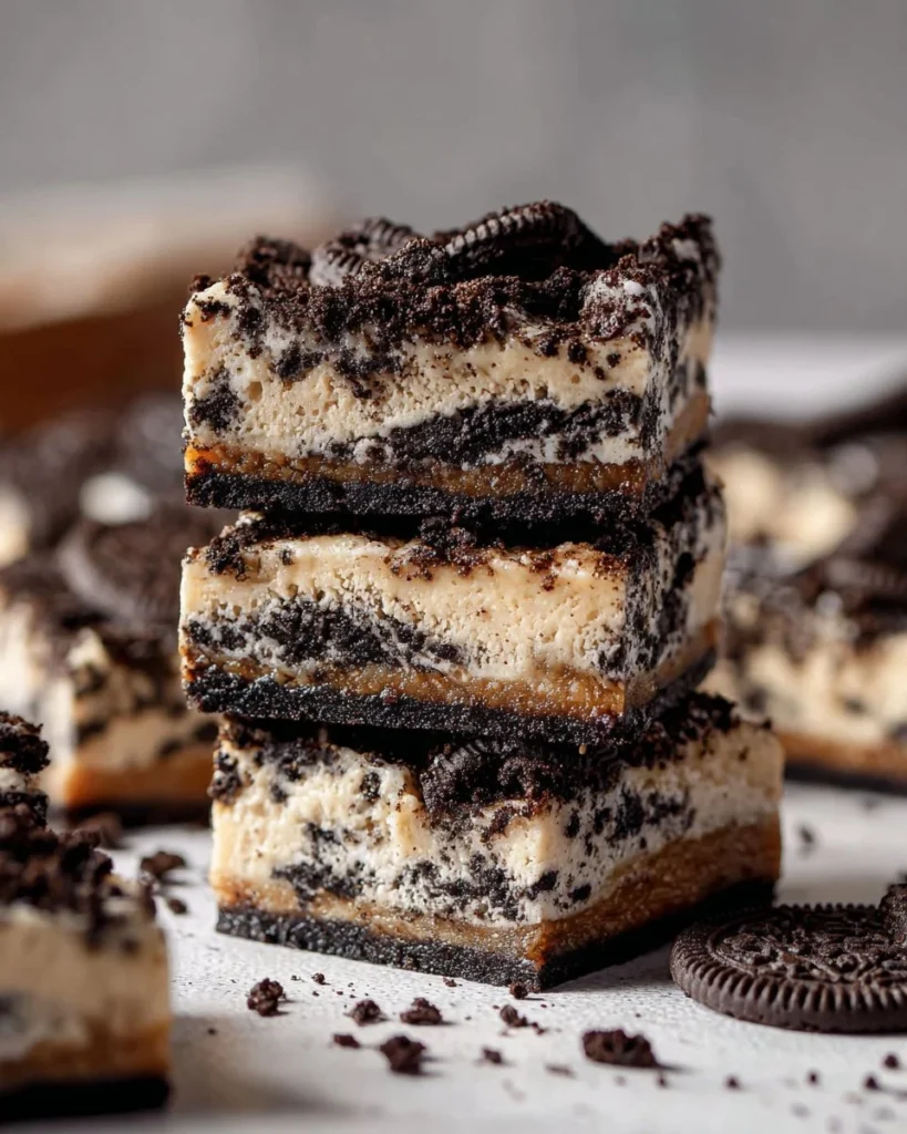 Delicious Cookie and Cream Cheesecake Bars garnished with chocolate chips
