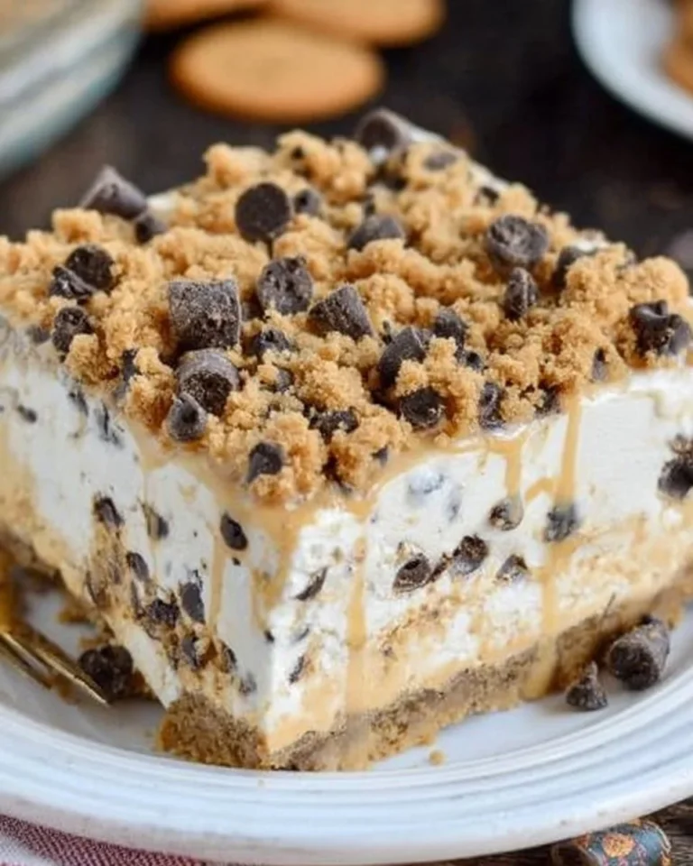 Delicious cookie dough no-bake cheesecake topped with cookie dough bites