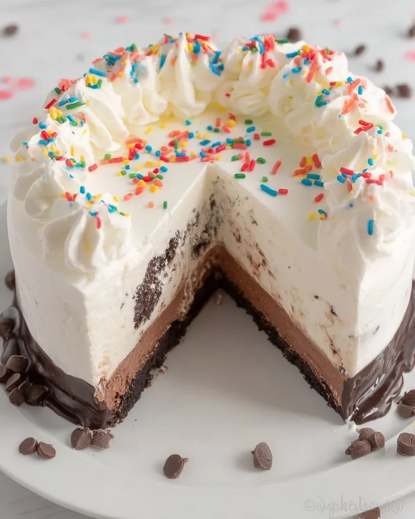 Homemade Copycat Dairy Queen Ice Cream Cake with chocolate and vanilla layers.