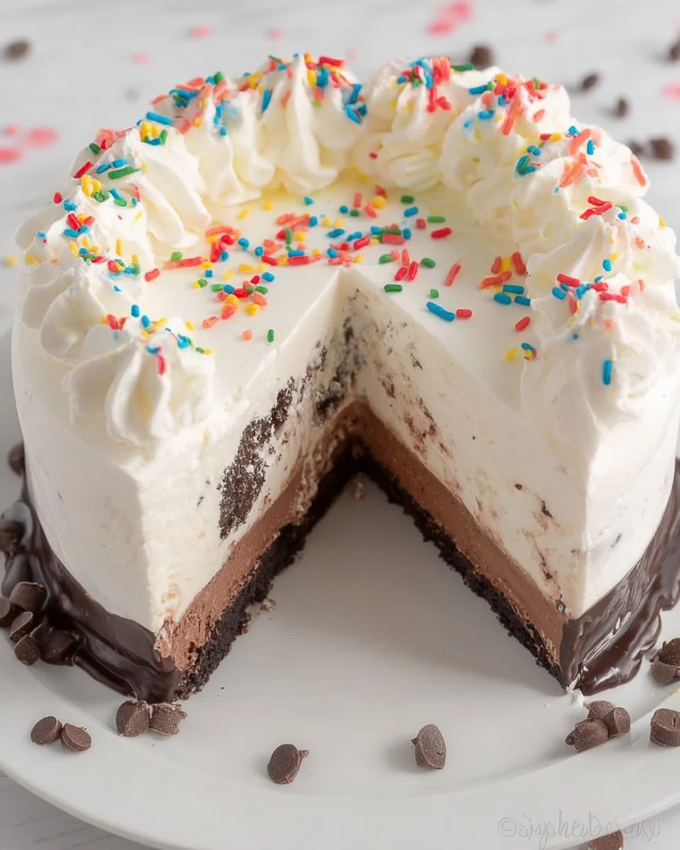 Homemade Copycat Dairy Queen Ice Cream Cake with chocolate and vanilla layers.