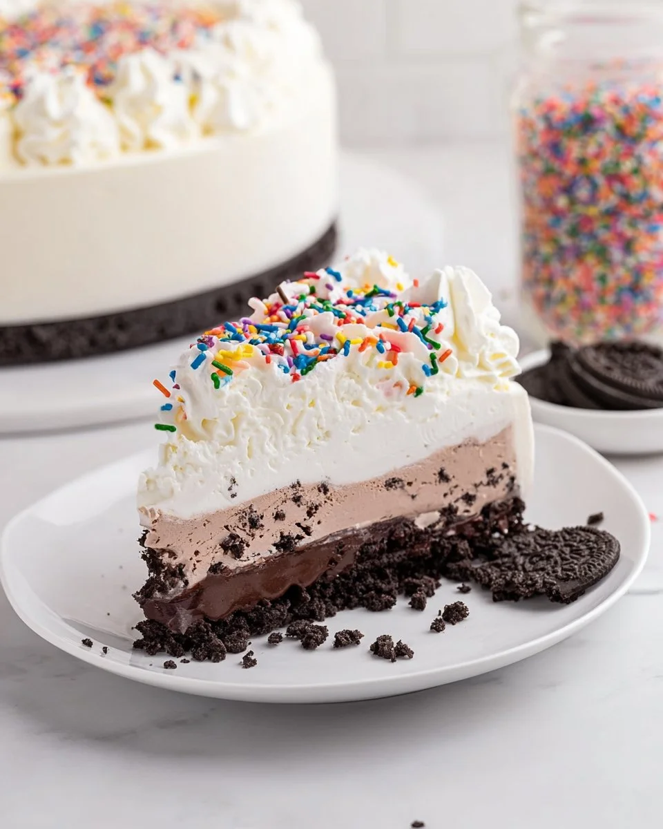 Copycat Dairy Queen ice cream cake with layers of chocolate and vanilla frosting