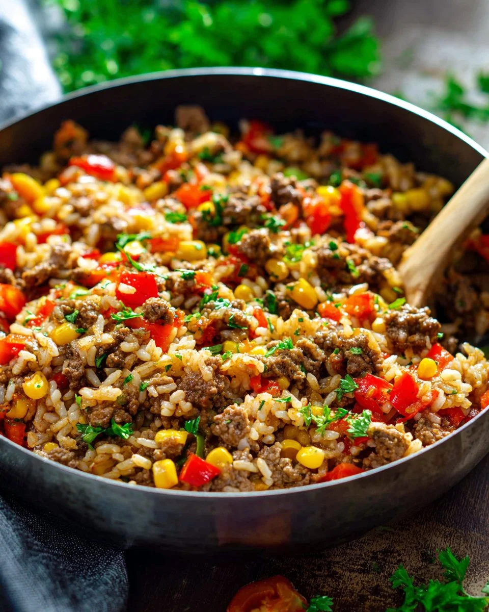 Cowboy Beef and Rice Skillet dish ready to serve